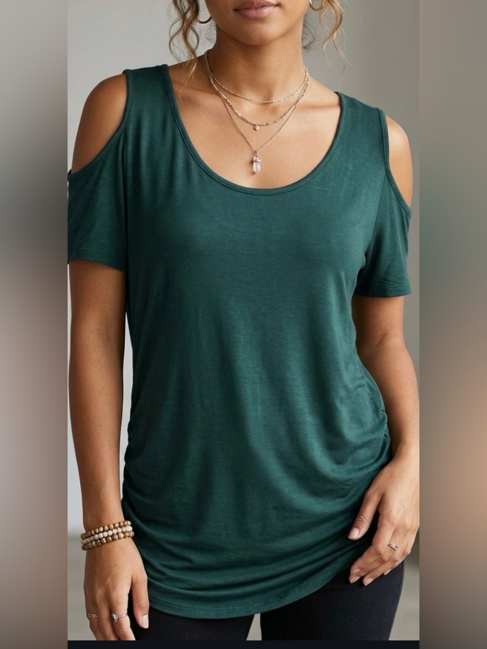 Hippie Chic Dark Green Cold Shoulder Top Size Medium